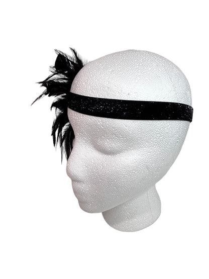 Flappers Style Black Rhinestone Feathered Headband Art Deco Style One Size Adult