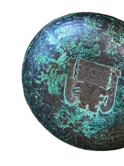 Graziella Laffi Peru Green Copper Mayan Sculpture Decorative Round Plate 5.25" Diameter