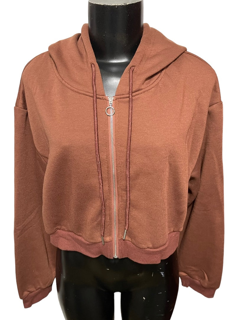 XL MakeMeChic Women's Crop Full Zip Up Hoodie Brown Sweatshirt New