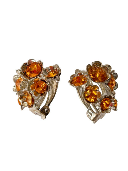 Bella Signora 1990s Clip On Orange Crystal  Earrings 3/4" Diameter Non-Pierced Silvertone