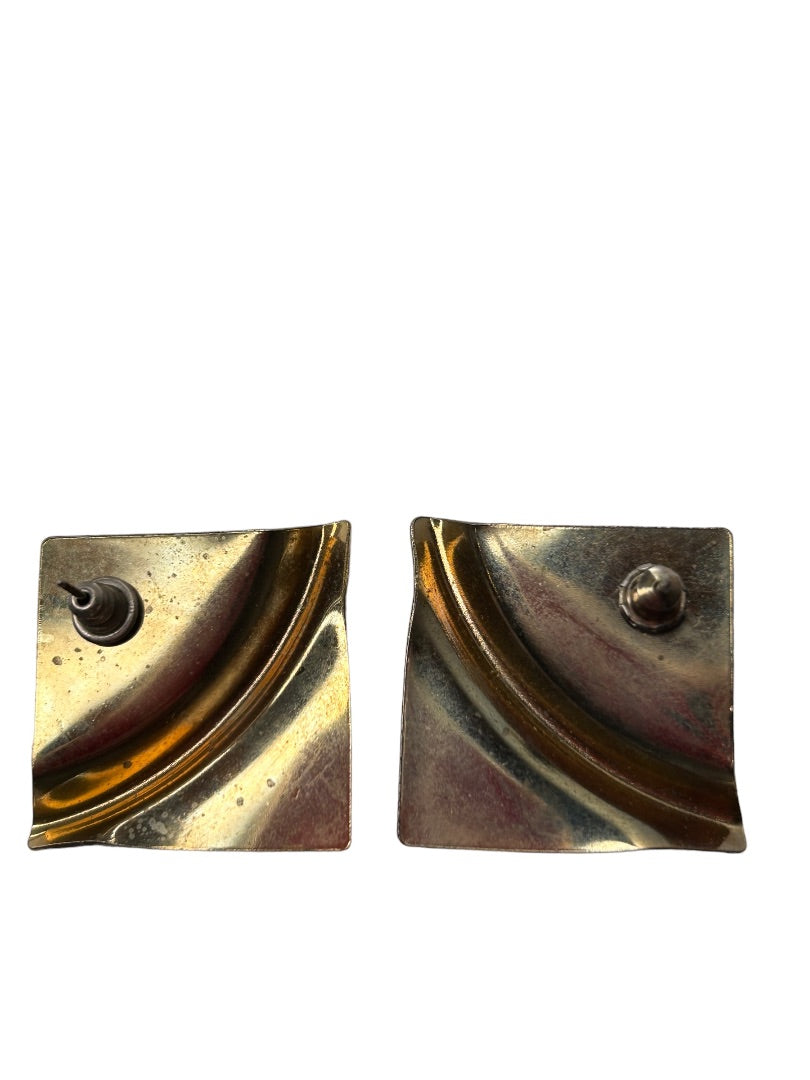 Vintage 1980s Goldtone Metallic Enamel Swirl Earrings Post Pierced 1" Square