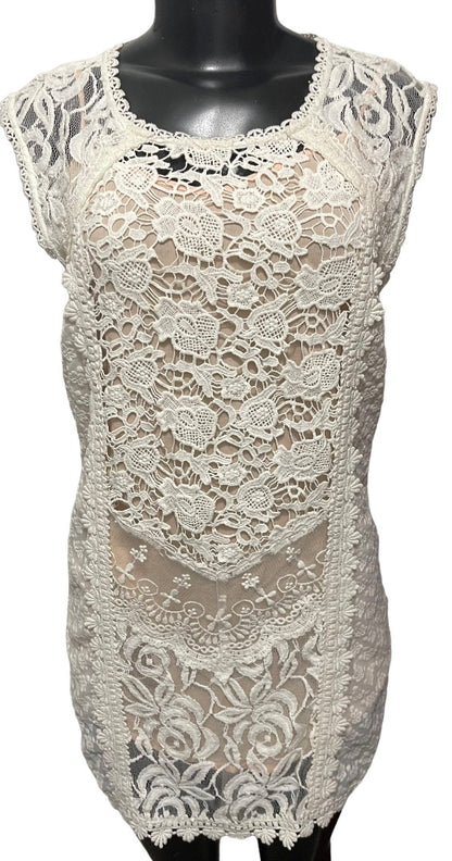 XS Champagne & Strawberry Lace Mini Dress Buttons Lined Ivory Nude Lining