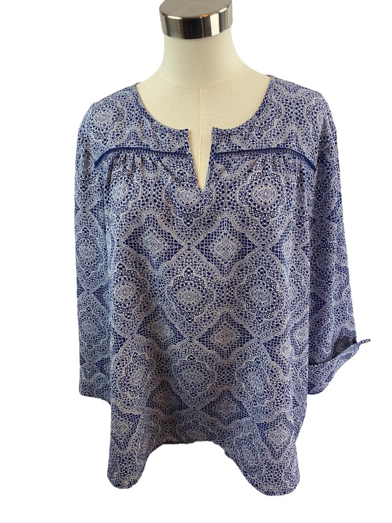 XXL Fever Women's Blue White Pullover Split Neck Flowy Peasant Blouse