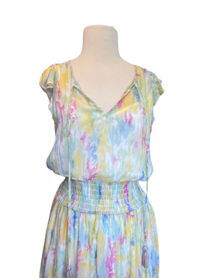 Size 8 Anthropologie Watercolor Print Spring Sleeveless Maxi Dress Lined Elastic Waist Tassle Ties