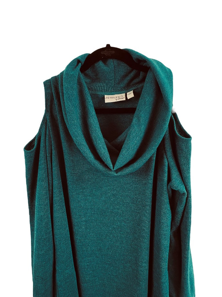 1X Attitudes by Renee Blue Green Cold Shoulder Cowl Neck Sweater