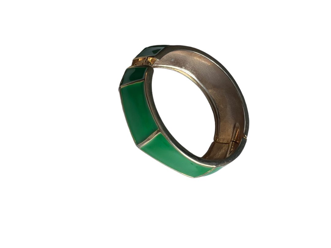 Goldtone Metal Hinged Bangle Bracelet Green Enamel Preppy