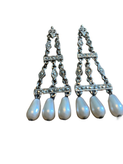 Chanedelier Teardrop Faux Pearl Silvertone Ornate Pierced Earrings