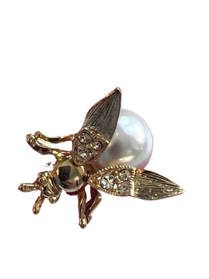 Faux Pearl Gold Tone Fly Insect Brooch Pin Spring Wings Rhinestone