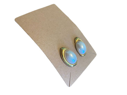 Faux Pearl Oval Gold Crescent Accent Pierced Earrings