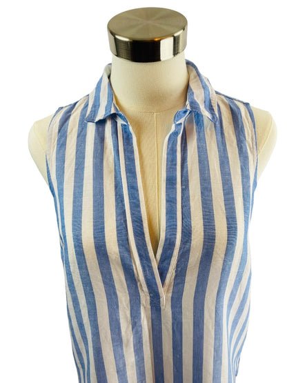 XXS J.Crew Womens Blue White Stripe Sleeveless Linen Blend Pullover Tunic Blouse