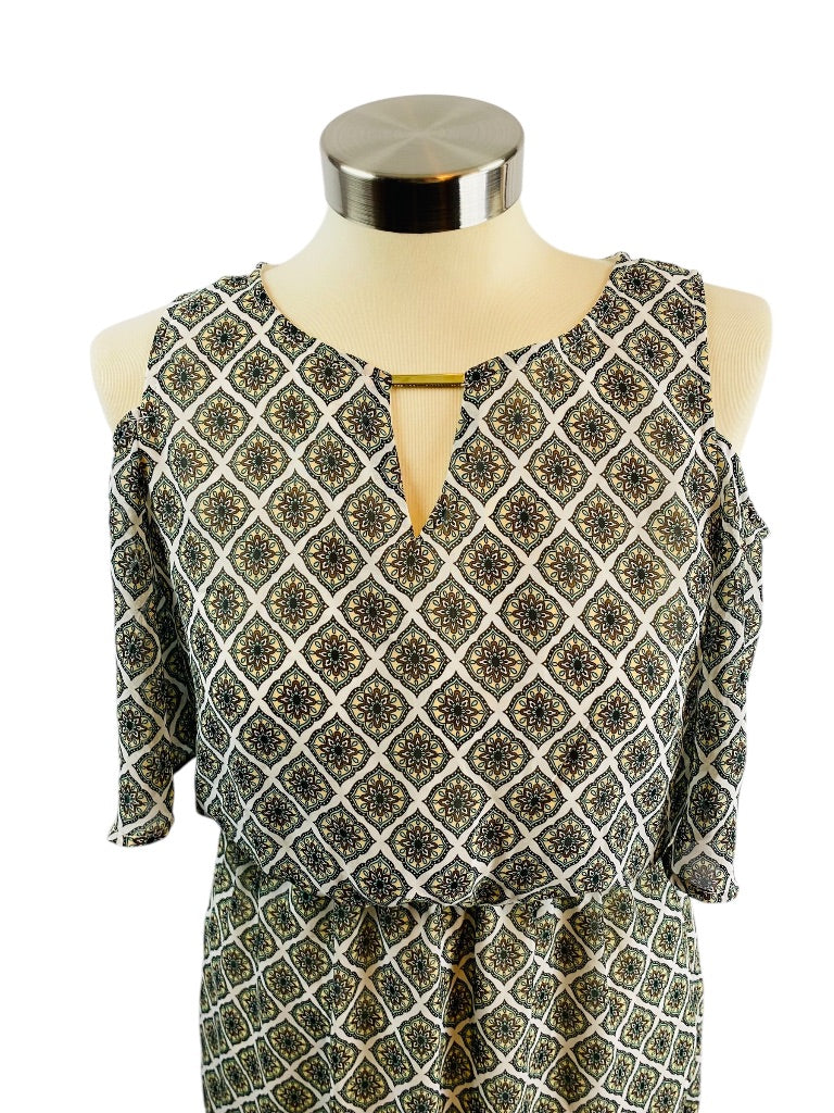 Small Petite Tacera Cold Shoulder Print Maxi Dress Elastic Waist Lined