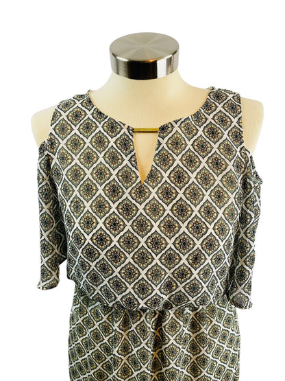 Small Petite Tacera Cold Shoulder Print Maxi Dress Elastic Waist Lined