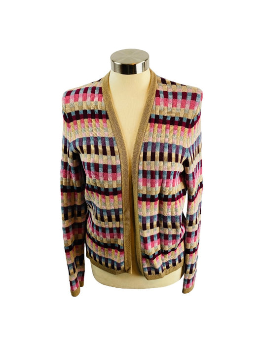 Small Talbots Women's Geometric Print Open Cardigan Sweater Multicolor