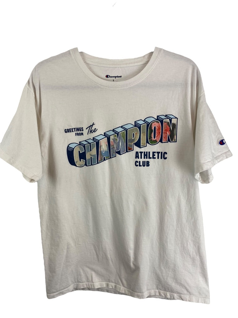 Large Champion Men's White Tshirt Short Sleeve "Greetings from the Champion Athletic Club"