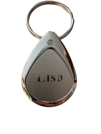 Silvertone Personalized Keychain Key Ring "Lisa" Droplet Shape 3"