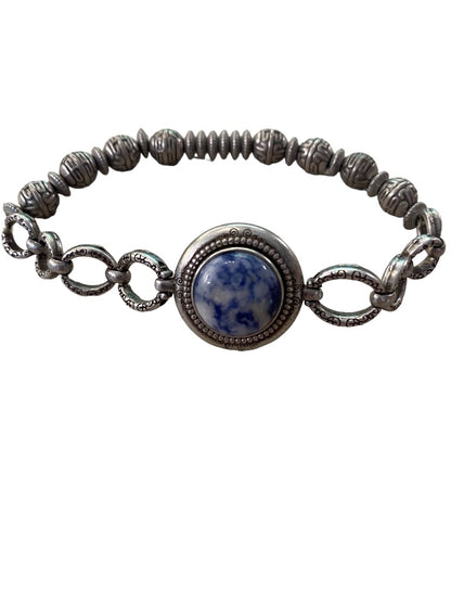 Magnabilities Silvertone Antiqued Stretch Bracelet Blue White Stone Inset Removable