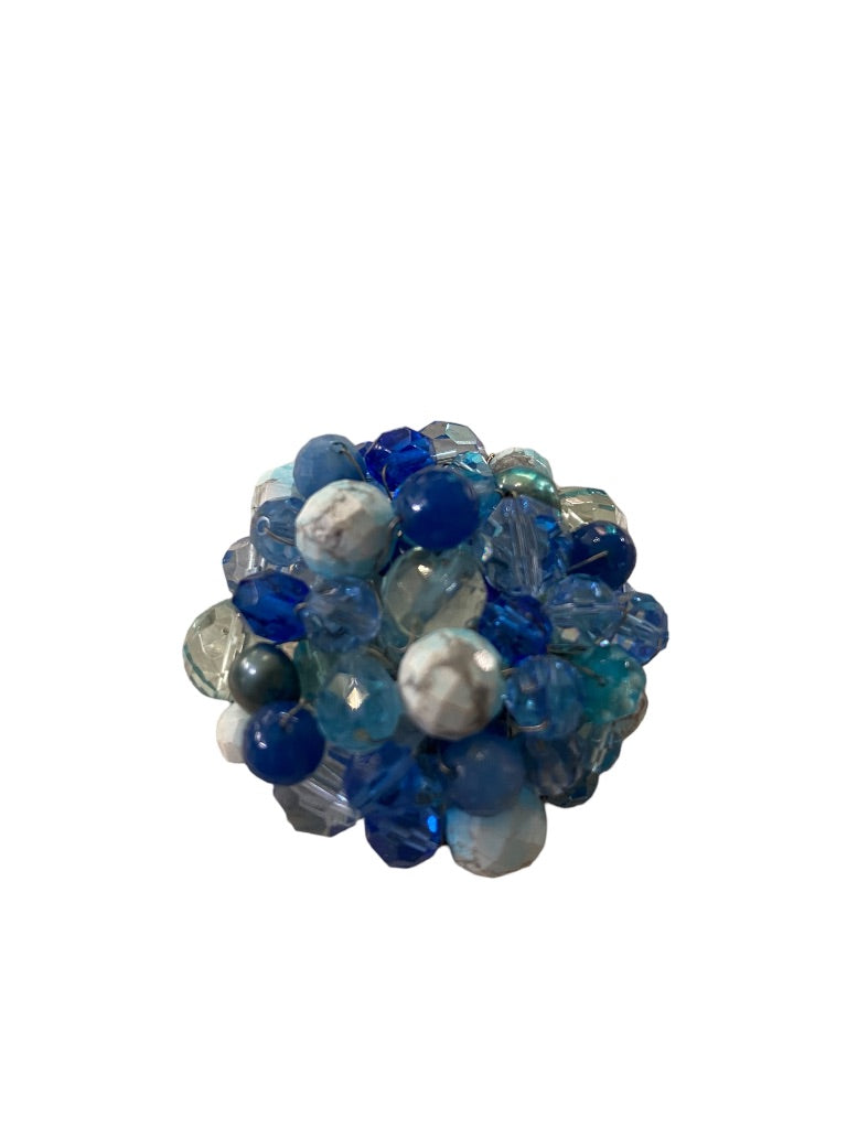 Mixed Blue Tones Beaded Cluster Brooch Statement 2.5" Diameter Pin