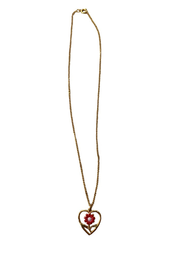 Goldtone Necklace Floral 1" Heart Pendant on 19" Chain Red White