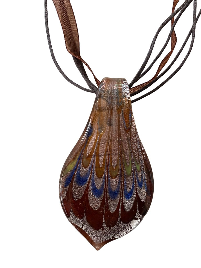 Glass Pendant Necklace 19" Ribbon and Cord Brown Tones 2.5" Drop Pendant