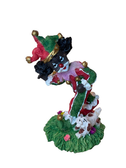 Resin Clown Figurine Green Red Brown Skin Jester Running Dog Grass 4.5"