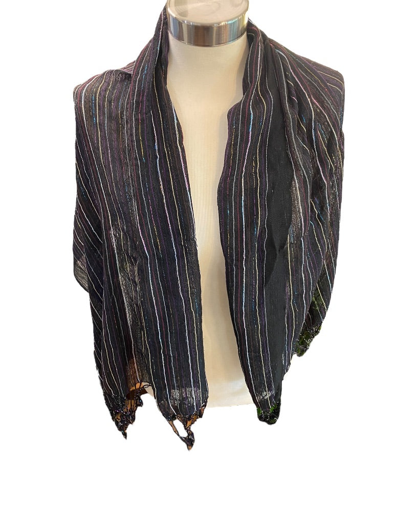 Black Lightweight Metallic Summer Scarf Fringed 58" x 24"