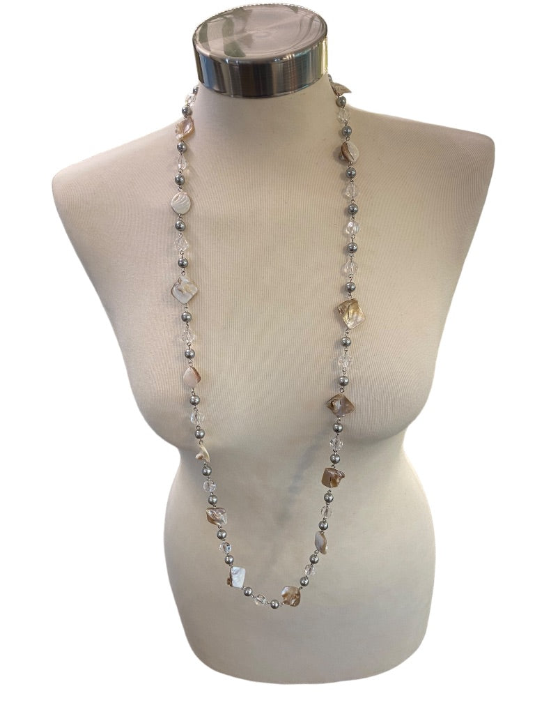 Long 44" Strand String Necklace Silvertone Shell Clear Faceted Acrylic Beads Linked