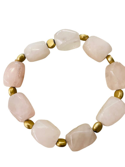 Beaded Stone and Goldtone Spacer Stretch Bracelet Blush Pink 2.5" Inside Diameter