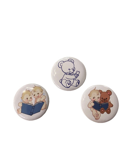 Set of 3 Vintage Pinback Buttons Small 1" Diameter Baby Reading Teddy Bear