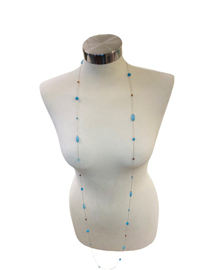 Long Strand Necklace Delicate Silvertone and Blue Acrylic Beads 60" Lobster Clasp Layered