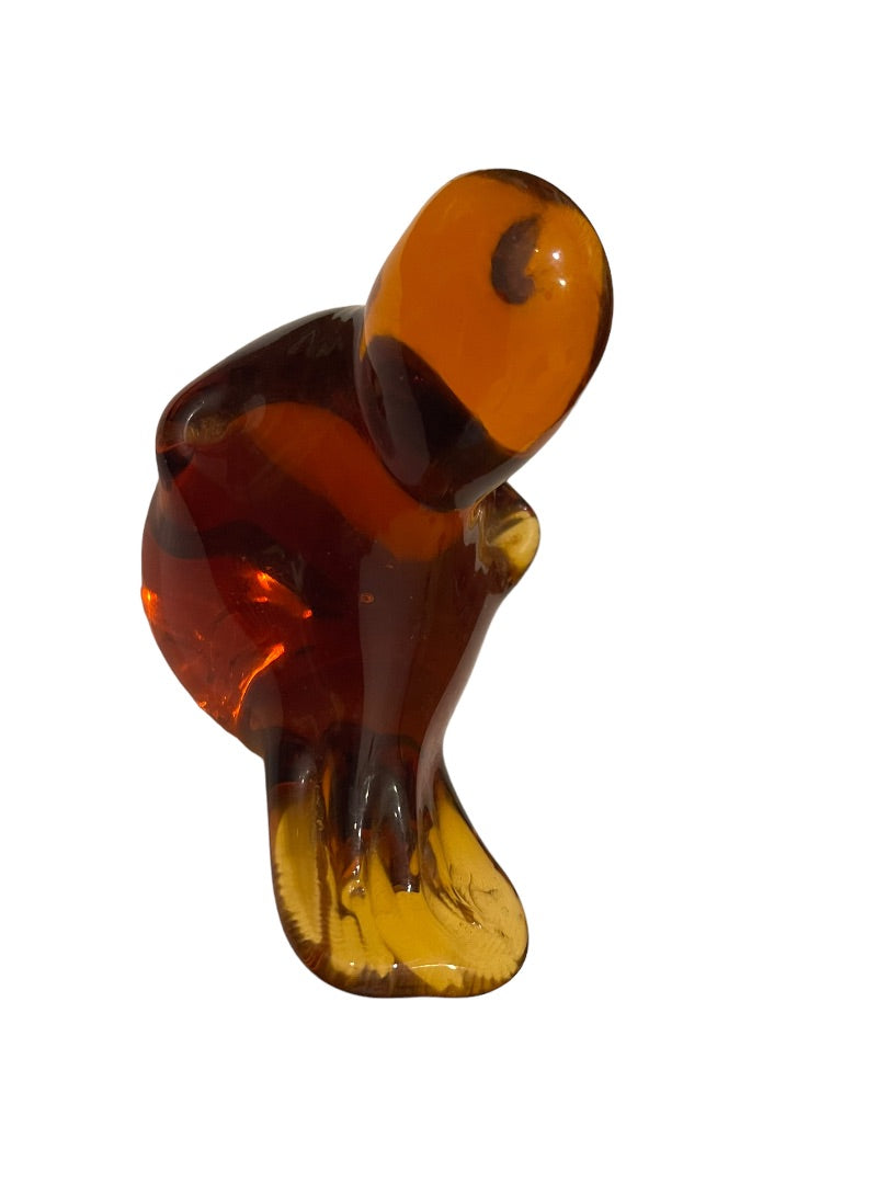 Vintage Amber Art Glass Bird Figurine Paperweight Honey Amber 4” x  3.25"