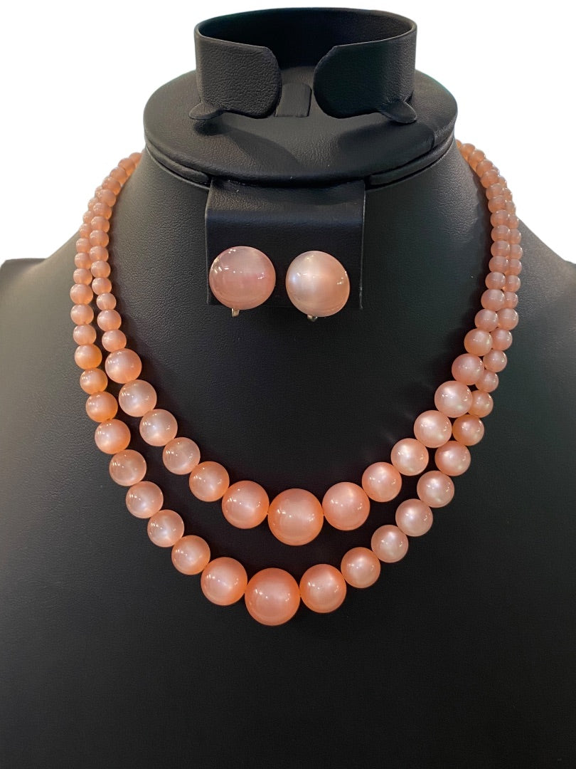 Vintage 1960s Pink Acrylic Jewelry Set Graduated Bead Necklace Non-Pierced Earrings