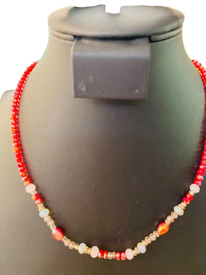 Red Crystal Beaded Necklace Clear Silvertone Necklace 18"