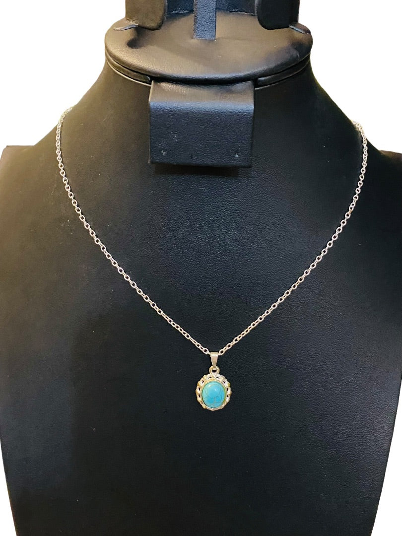 Silvertone Delicate 18" Chain Necklace with Faux Turquoise Pendant