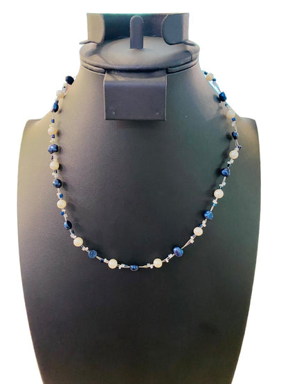 Silvertone Faux Pearl Navy Blue Beaded Wire Necklace 18" Spring Clasp