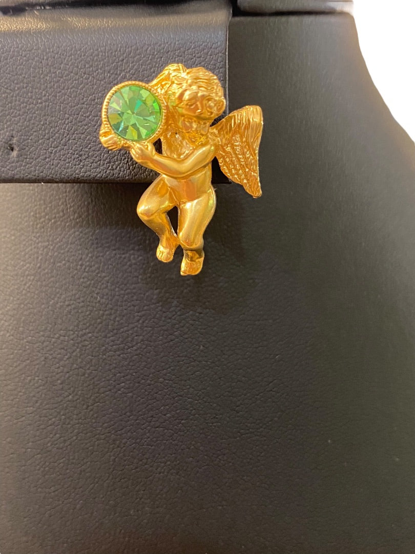 Vintage Avon Signed Guardian Angel Lapel Pin Peridot Cherub 1"