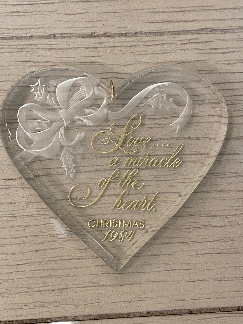 Clear Acrylic Christmas 1984 Ornament "Love . . .a Miracle of the Heart"