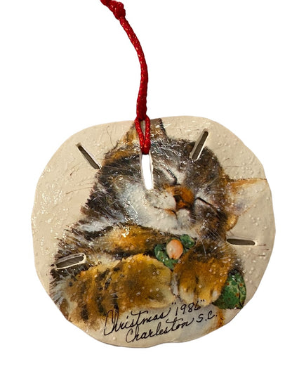 Christmas 1986 Charleston SC Sand Dollar Kitten Ornament Holiday