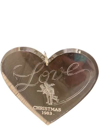 Clear Acrylic Christmas 1983 Ornament Love Ice Skaters Heart Shape 3 3/4"