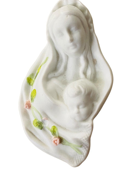 Madonna And Child By Autom White Bisque Porcelain Flowers Figurine Wall Hanging