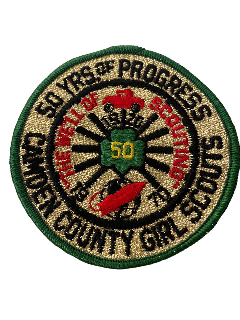 Girl Scout Patch Vintage 1970 Camden County 50 Years of Progress 3.7" Metallic