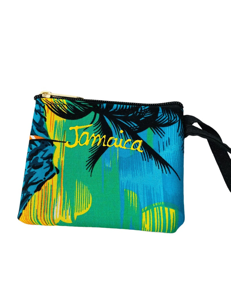 Jamaica Souvenir Small Tropical Print Fabric Wristlet Zip Top 4.75"w x 3.75"h