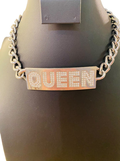 "QUEEN" Silvertone Embellished Chunky ID Style Choker Necklacce 16"