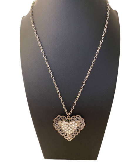 Silvertone Heart Medallion 27" Necklace Dramatic Filagree Look Pendant 2.25" Drop Lobster Clasp