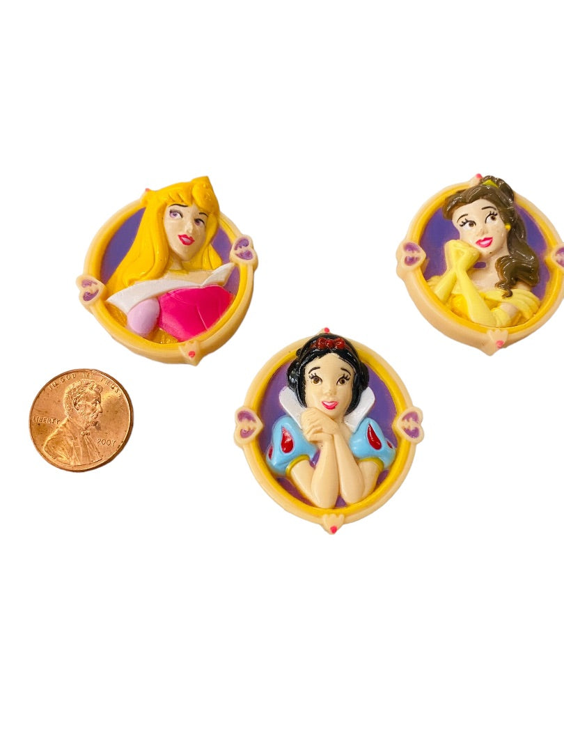 Set of 3 Disney Clip On Button Princess Snow White Belle Aurora 1.5" Diameter Slide On