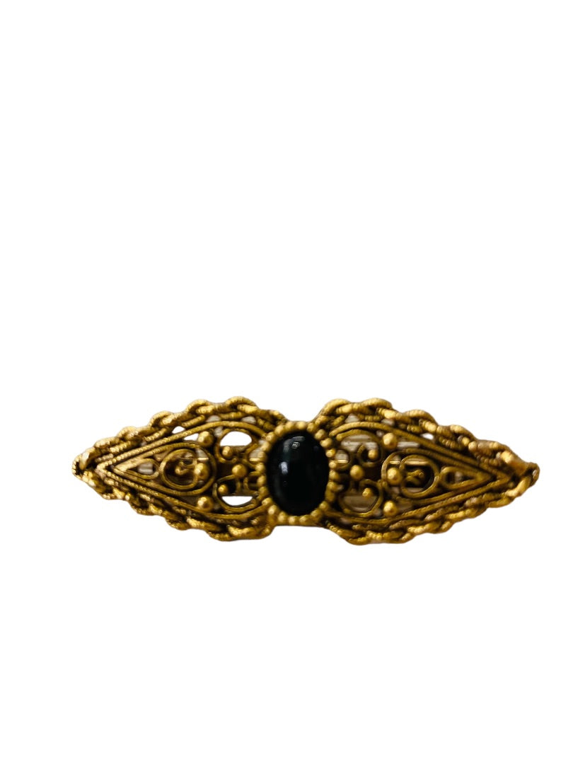 Vintage Victorian Style Brooch Goldtone Black Pin Filigreee Intricate 2" Length