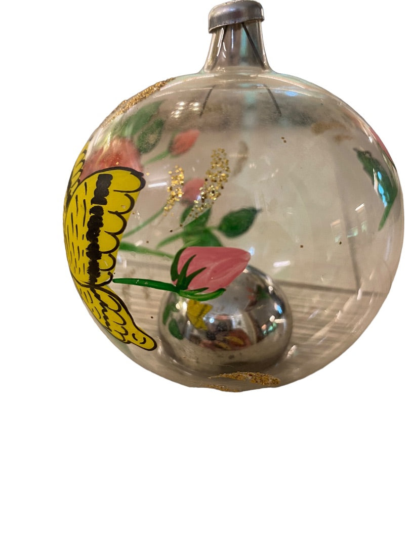 Clear Glass Ornament Tabletop or Hanging Handpainted Butterfly Flower Glitter 3.25" Diameter