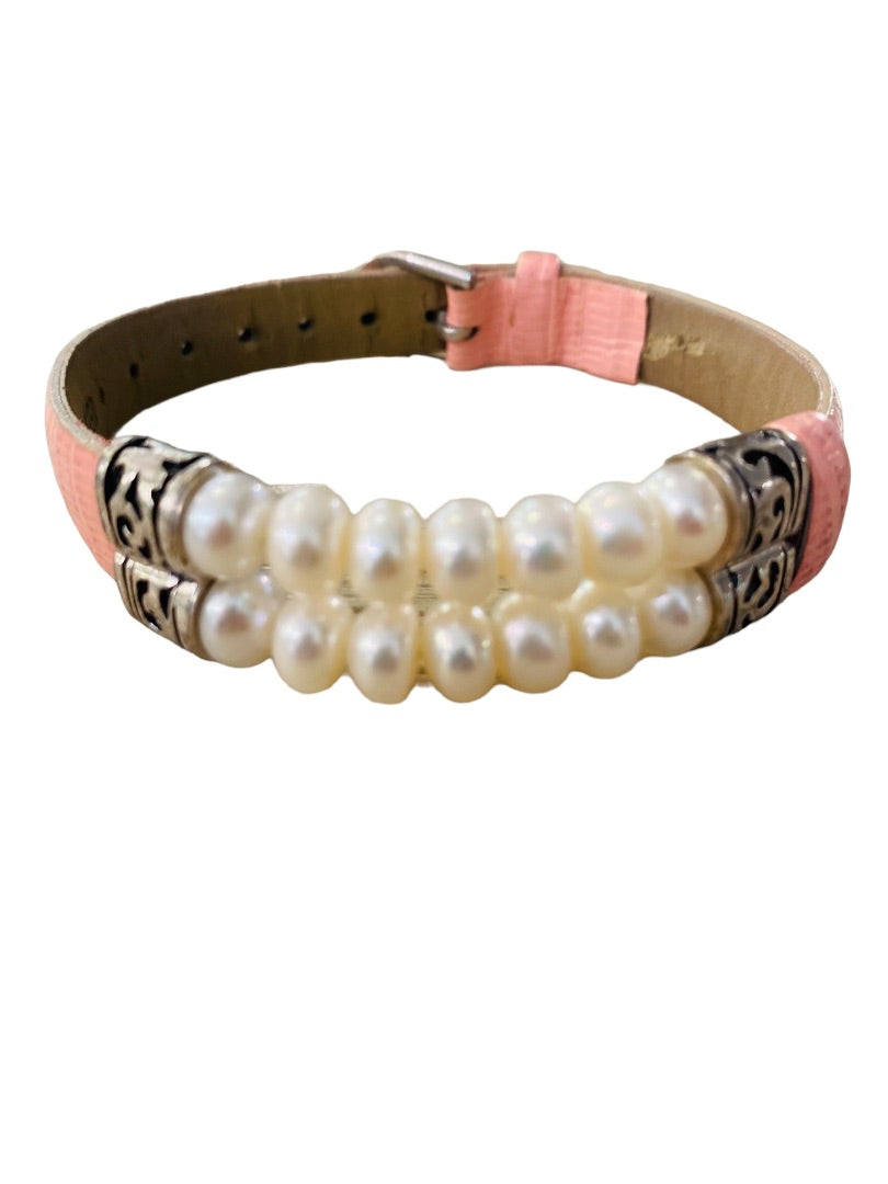 Honora Pearl and Pink Leather Bracelet Adjustable Buckle Closure Double Strand