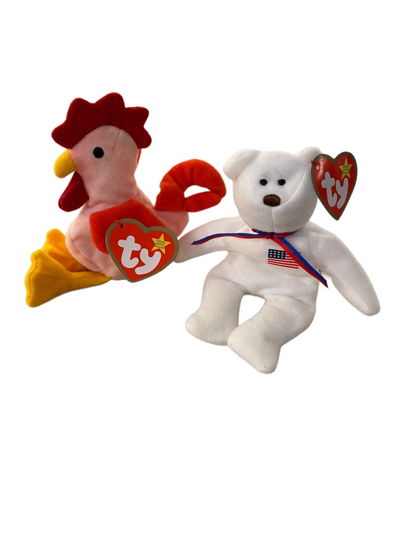 Ty Teenie Beanie Babies Strut the Rooster and Libearty the Bear 5" Plush Tgs