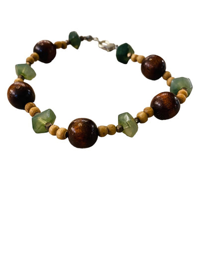 Wood Bead and Green Stone Bracelet 9" Lobster Clasp Lightweight Boho Style