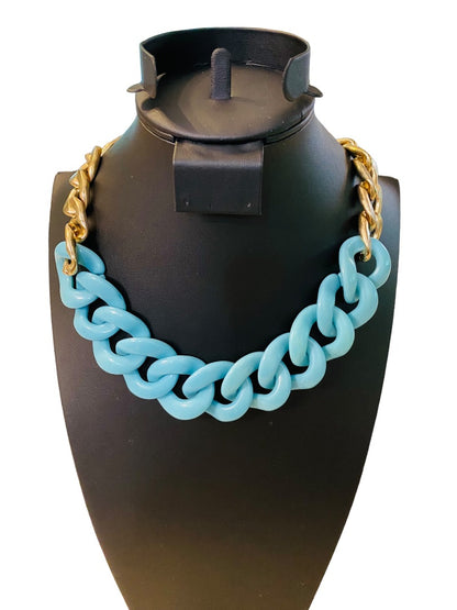 Chunky Acrylic Faux Turquoise and Goldtone 18-21" Statement Necklace